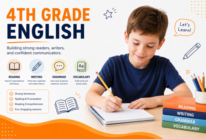 Fourth grade student learning English online with reading, writing, grammar, vocabulary, spelling, and reading comprehension during a live tutoring lesson.