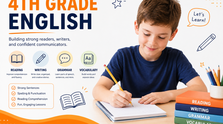 Fourth grade student learning English online with reading, writing, grammar, vocabulary, spelling, and reading comprehension during a live tutoring lesson.