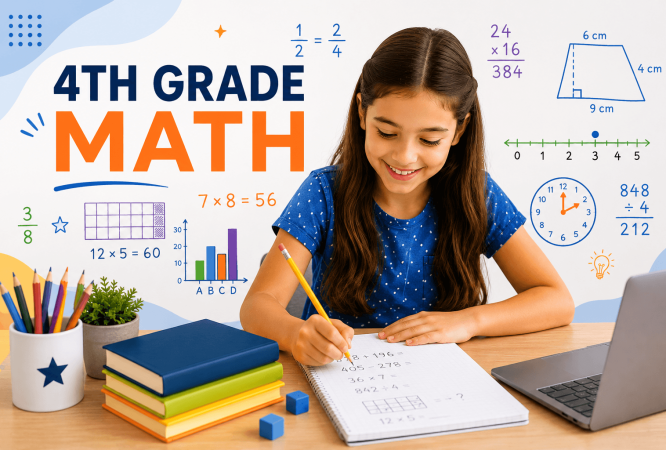Student learning 4th grade math online with multiplication, long division, fractions, geometry, place value, and measurement during a live tutoring session.