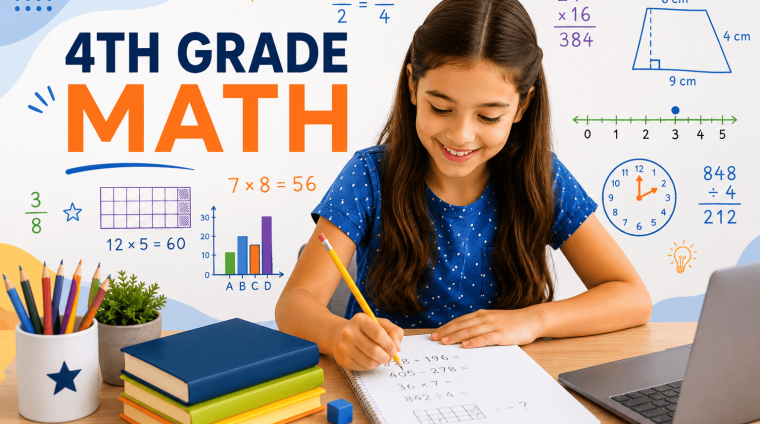 Student learning 4th grade math online with multiplication, long division, fractions, geometry, place value, and measurement during a live tutoring session.