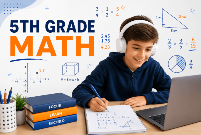 Student learning 5th grade math online with fractions, decimals, geometry, measurement, graphs, and word problems during a live tutoring session.
