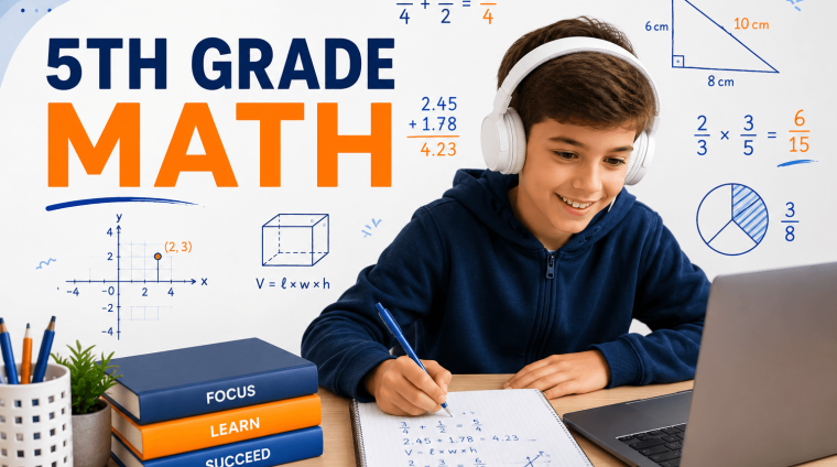 Student learning 5th grade math online with fractions, decimals, geometry, measurement, graphs, and word problems during a live tutoring session.