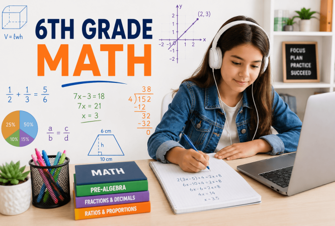 Student learning 6th grade math online with ratios, proportions, fractions, decimals, equations, geometry, percentages, and coordinate graphs.