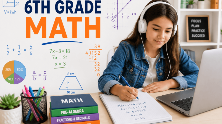 Student learning 6th grade math online with ratios, proportions, fractions, decimals, equations, geometry, percentages, and coordinate graphs.