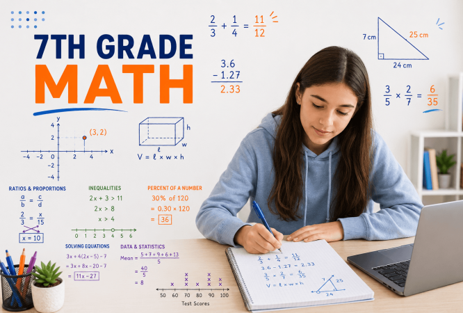 Student learning 7th grade math online with pre-algebra, equations, inequalities, geometry, probability, and graphing during a live tutoring lesson.