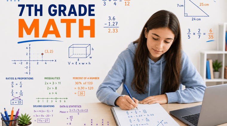 Student learning 7th grade math online with pre-algebra, equations, inequalities, geometry, probability, and graphing during a live tutoring lesson.