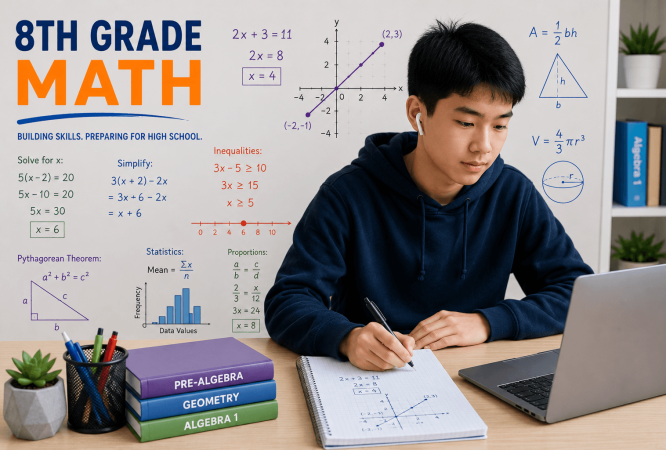 Student learning 8th grade math online with linear equations, functions, geometry, the Pythagorean Theorem, and Algebra 1 preparation during a live tutoring lesson.