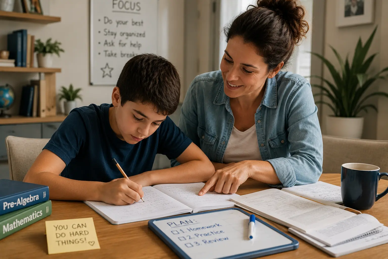 Parent supporting a child with homework without completing the work