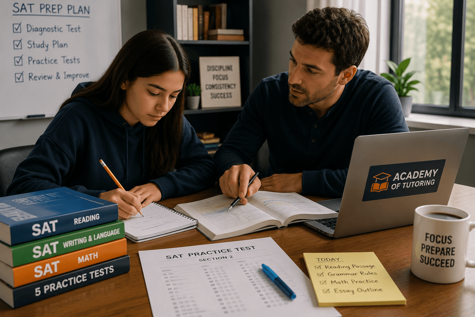 SAT tutor guiding a high school student through practice questions and a study plan