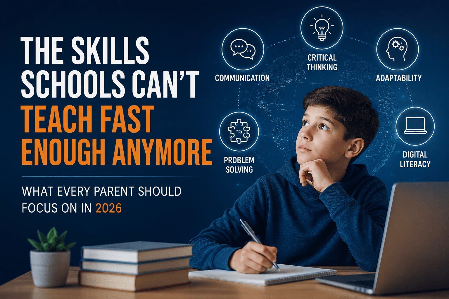 Student surrounded by future-ready skills including critical thinking, communication, adaptability, and digital literacy