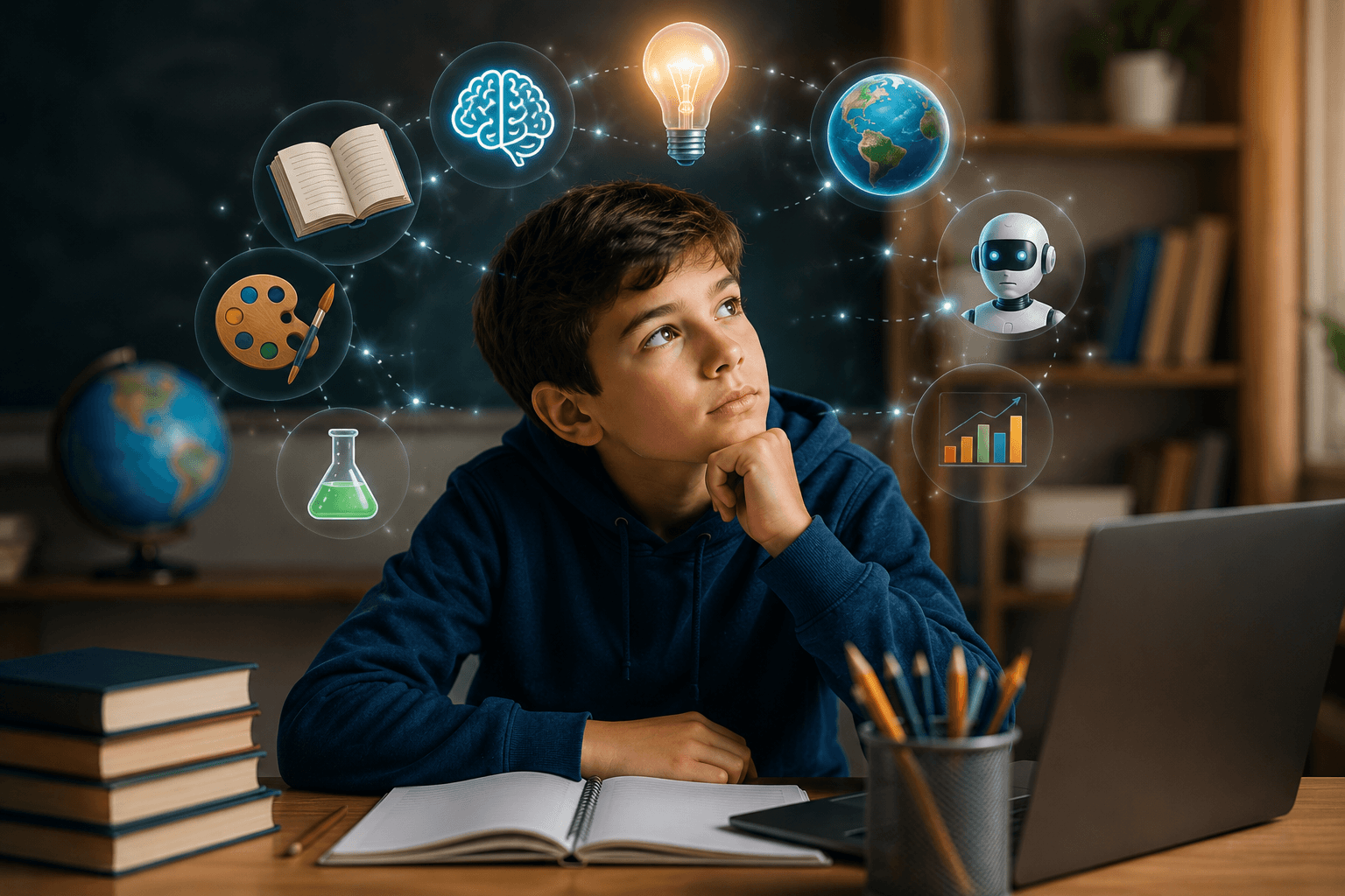 Student considering creativity, science, technology, and future learning skills