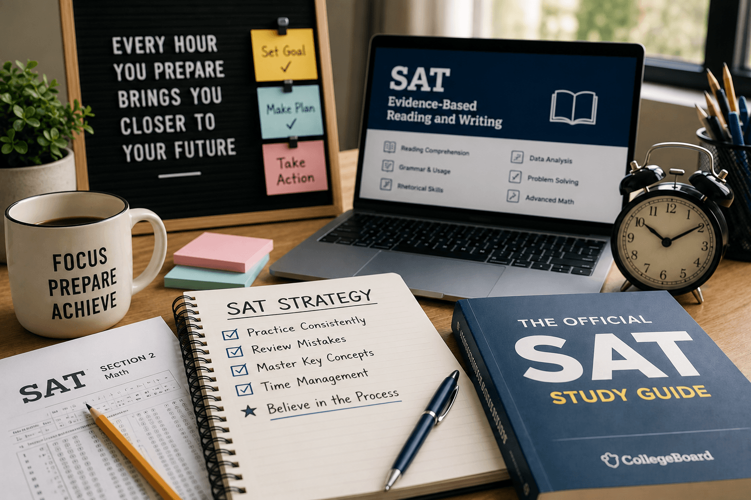 SAT study tools including practice tests, a notebook, and a digital study plan