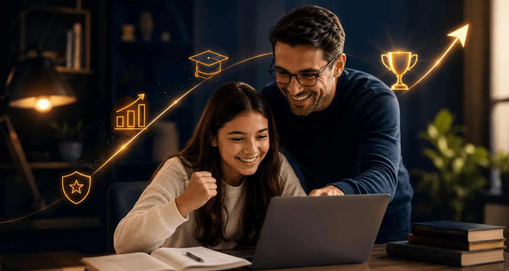 Student celebrating academic success with a tutor