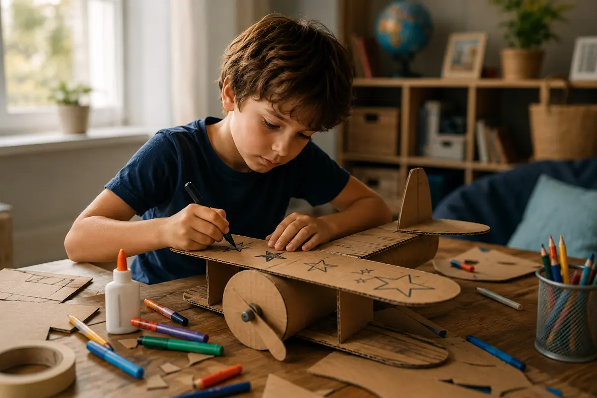 Child using unstructured boredom time creatively by building and drawing independently