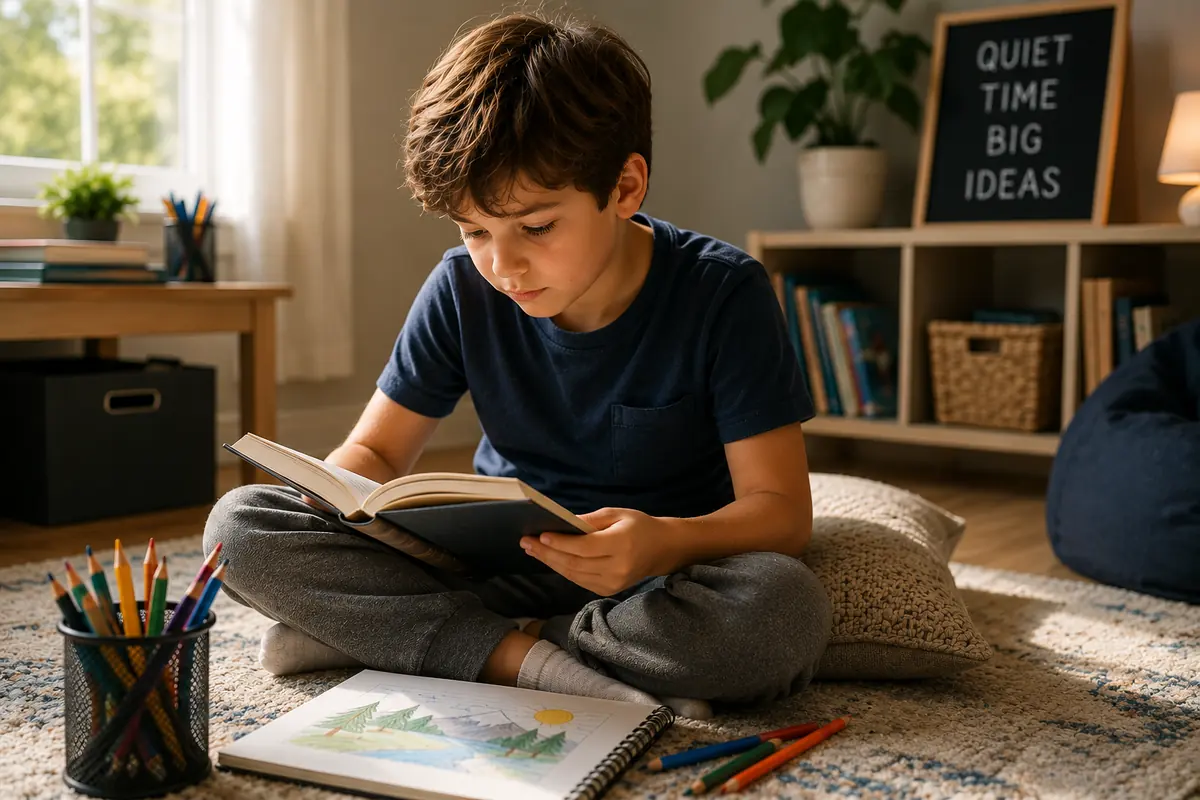 Child reading independently during quiet screen-free time at home