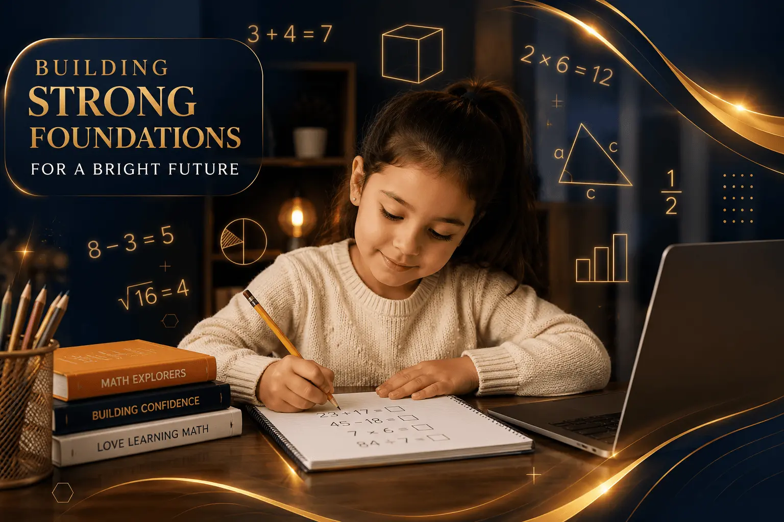 Elementary school student in grades 1 through 5 practicing arithmetic and foundational math skills