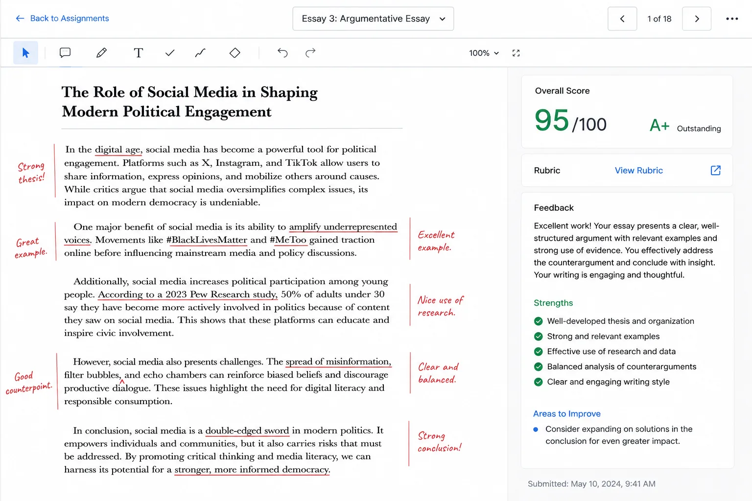 High school English essay showing teacher feedback and a 95 percent score