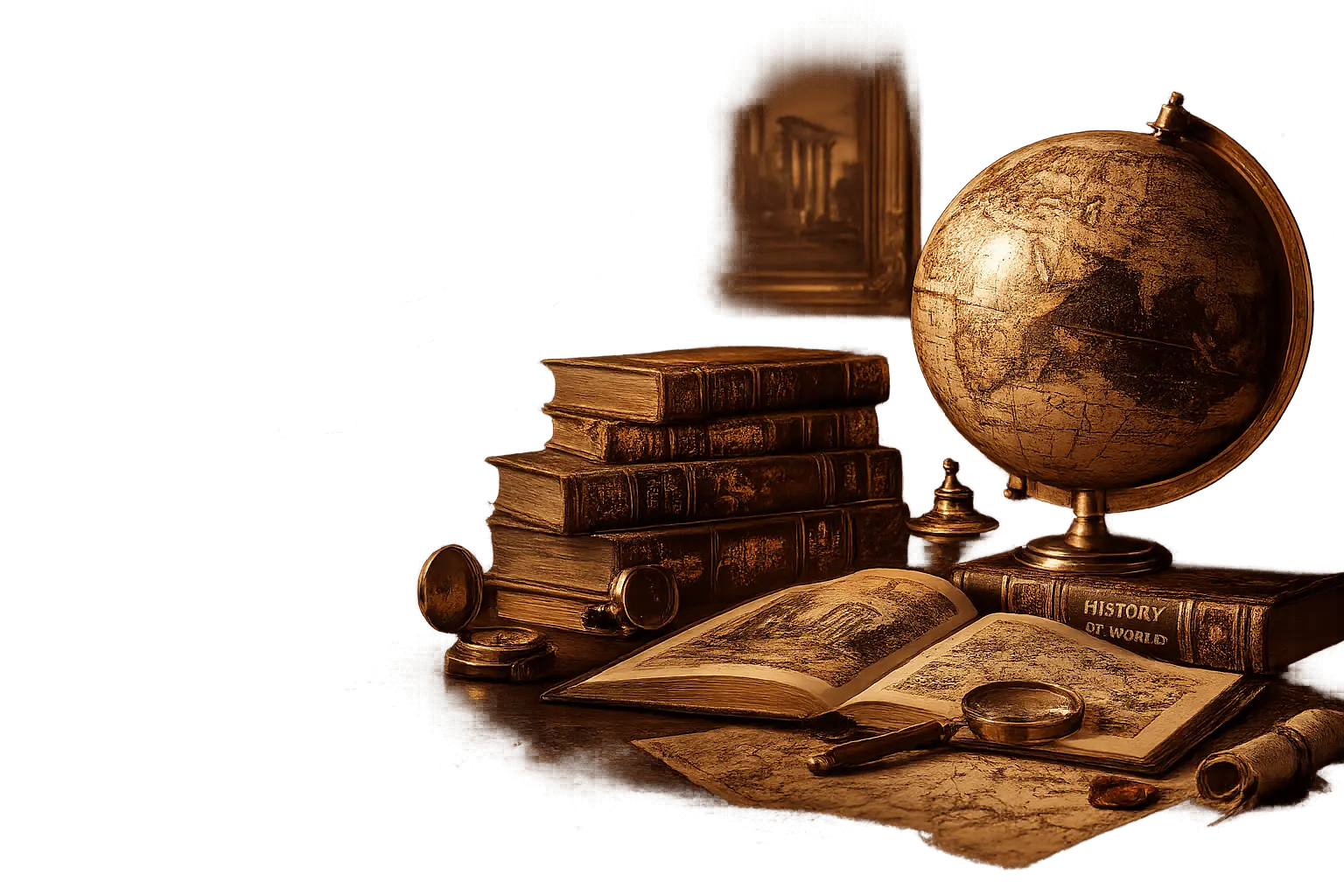 Antique globe, leather books, maps and historical objects representing private history tutoring