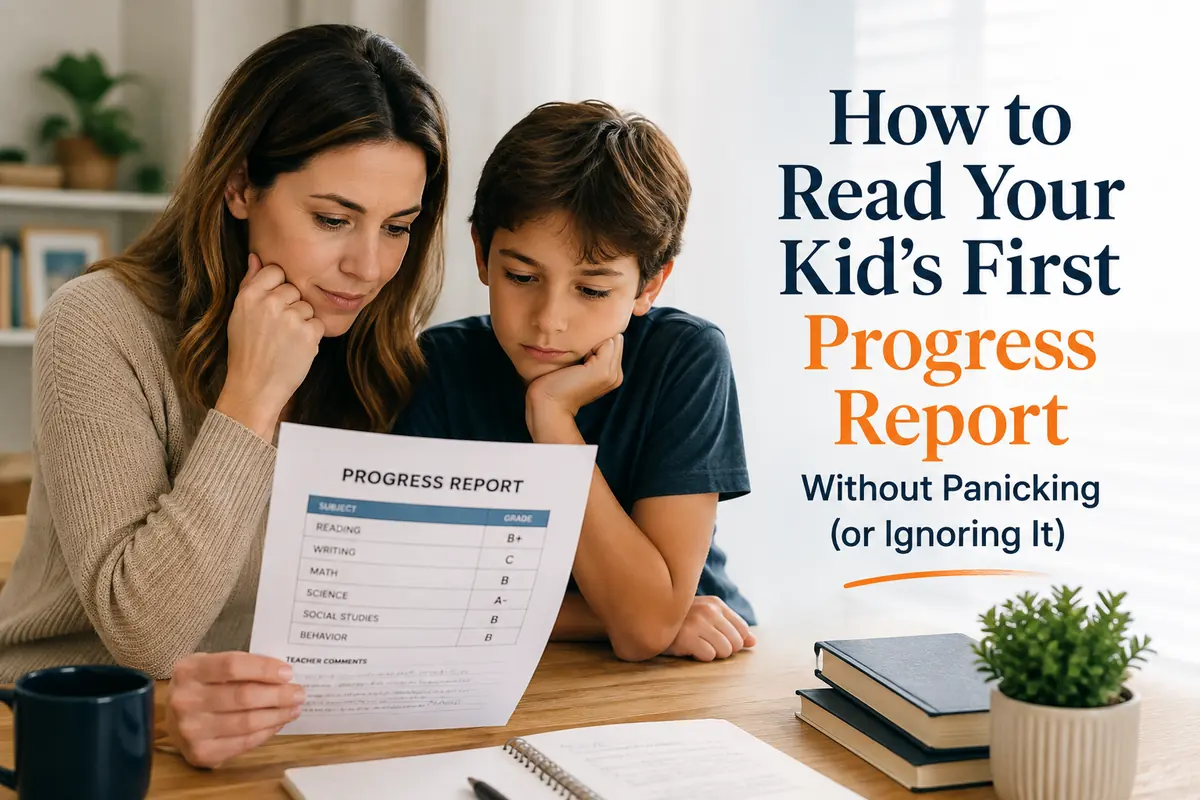 Parent and child reviewing a first school progress report together