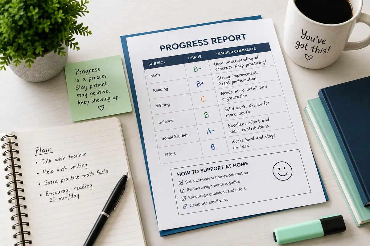School progress report with grades, teacher comments, and a parent support plan