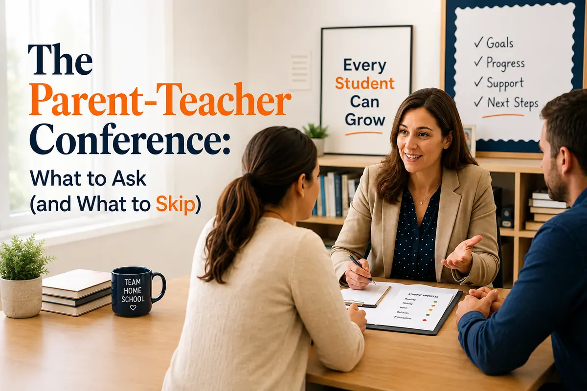 Parents meeting with a teacher during a parent-teacher conference to discuss student progress