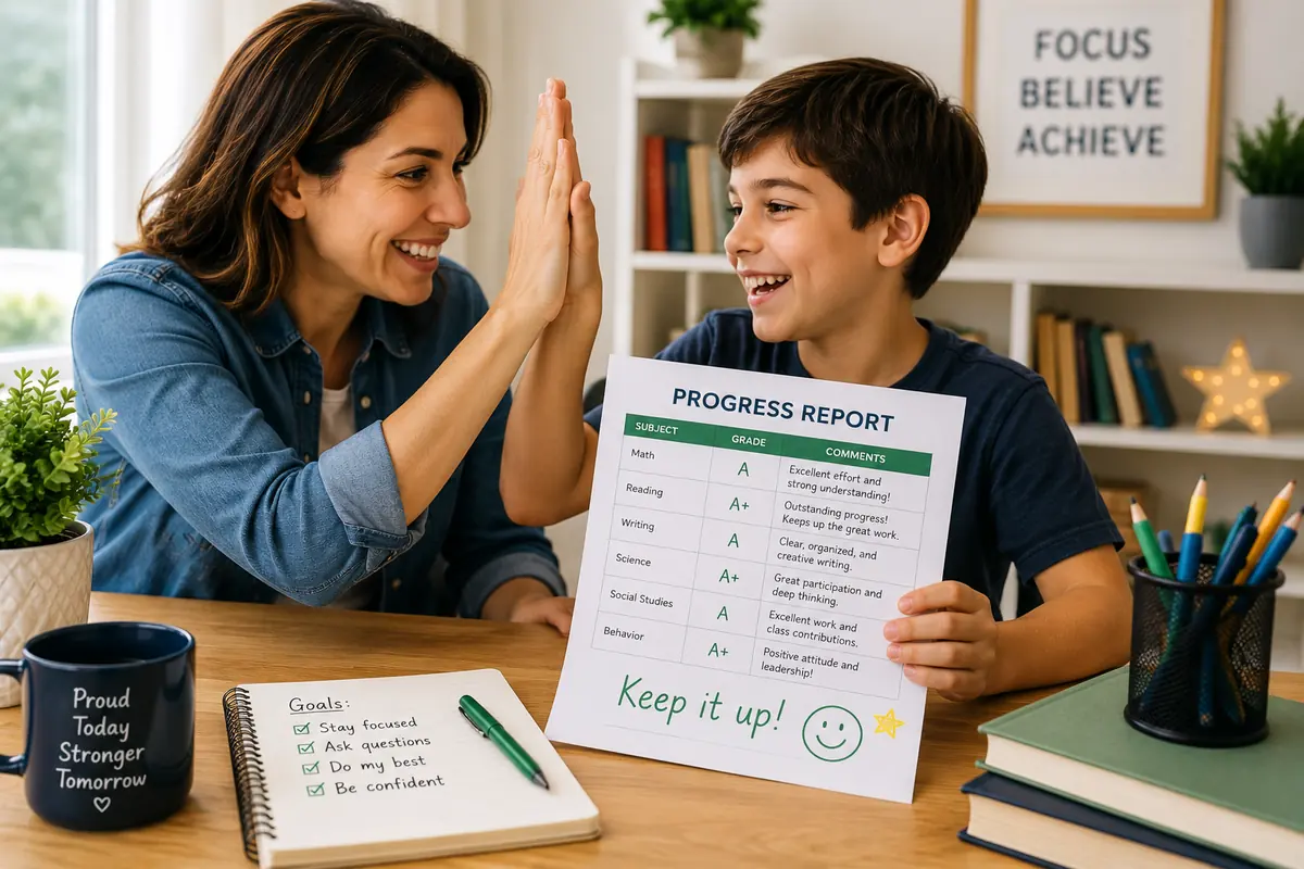 Parent and student celebrating a strong school progress report and academic improvement